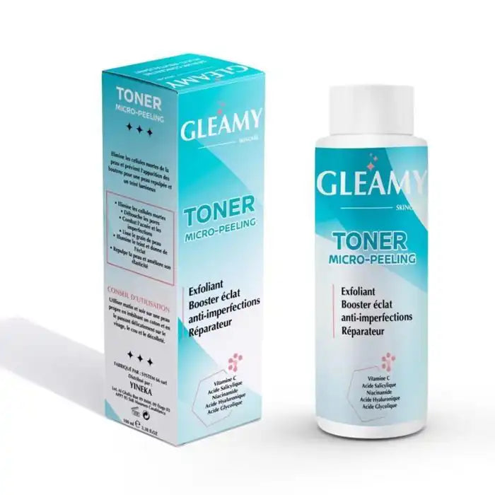 Celvess Cosmetic Alphascience Gleamy Toner Micro-Peeling serum in 100ml bottle, paraben-free exfoliant for anti-blemish skin.
