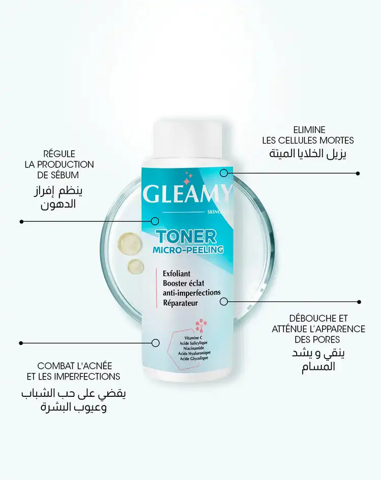 Celvess Cosmetic ALPHASCIENCE Gleamy Toner Micro-Peeling serum in a 100ml bottle, parabène-free exfoliant for anti-taches.