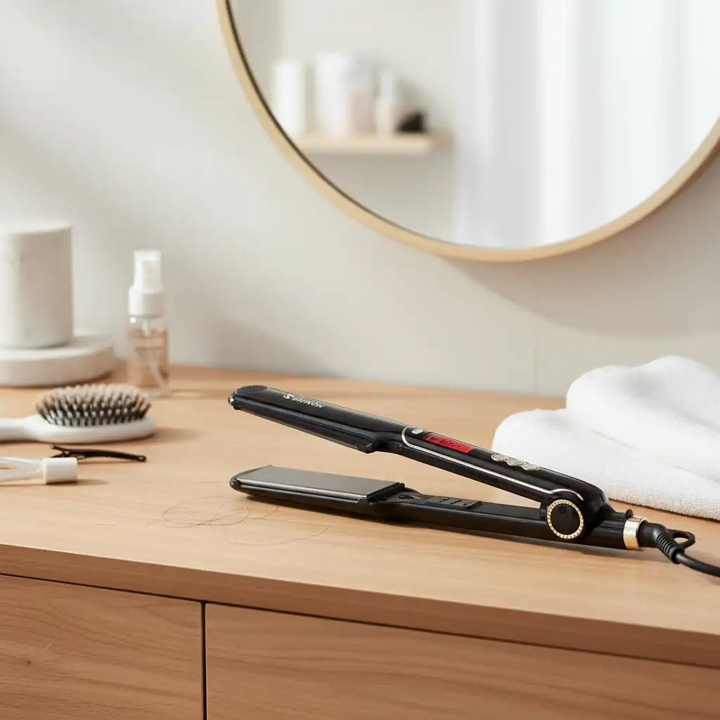 Ceramic plate hair straightener from Celvess Cosmetic with Shinon Fer à Lisser branding, showing sleek design and ceramic plates.