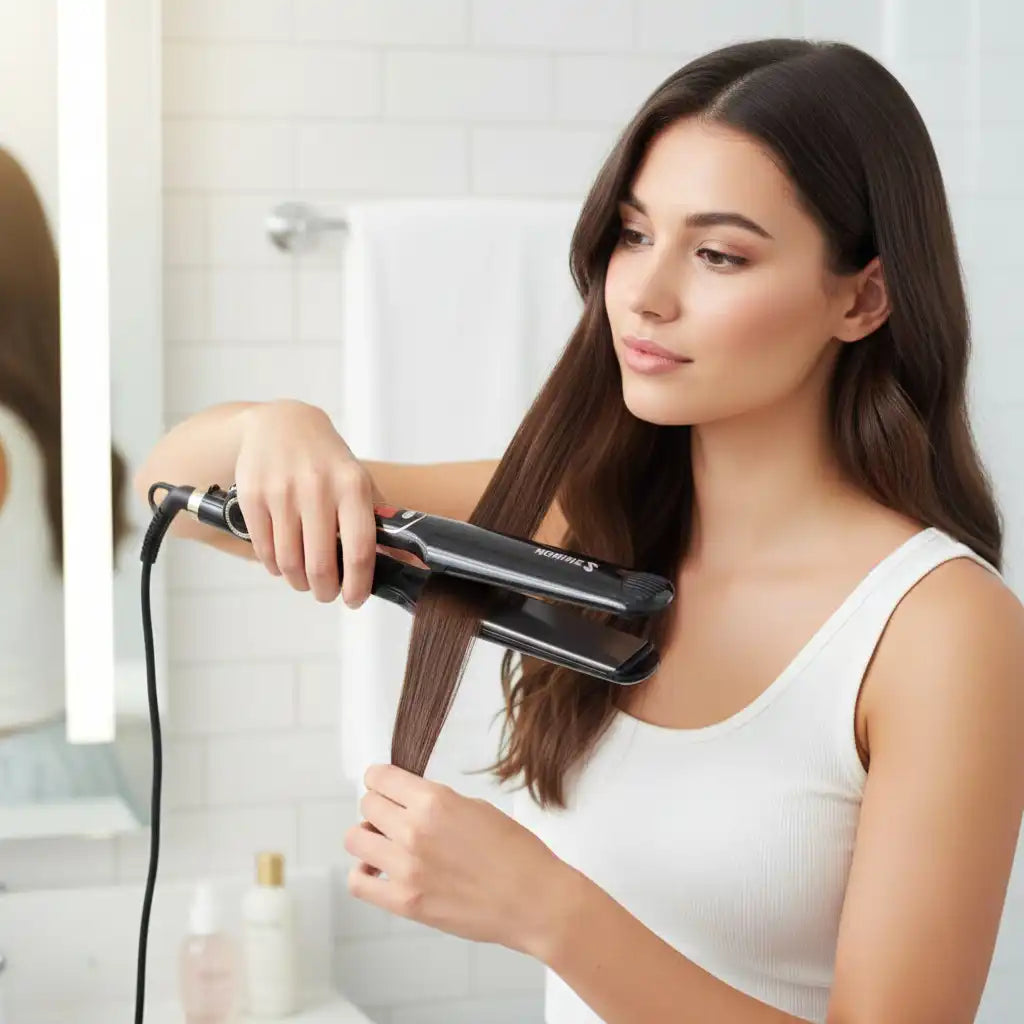 Shinon Fer à Lisser with ceramic plates by Celvess Cosmetic, showing sleek black flat iron for straightening hair.
