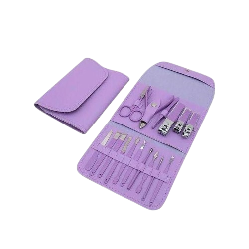 Celvess Cosmetic manicure and pedicure set with 18 stainless steel tools in a faux leather case, ideal for grooming at home.