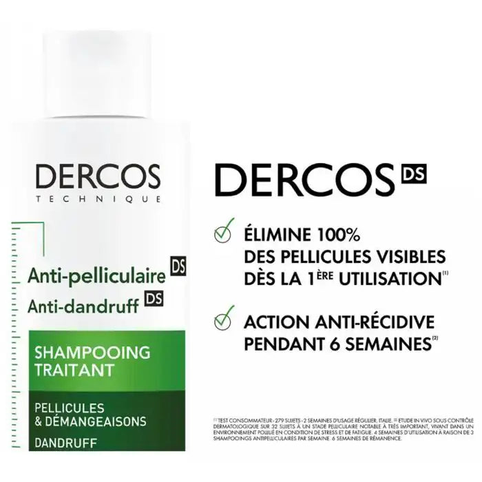 Vichy Dercos DS anti-dandruff shampoo for dry hair, 200ml, with soothing formula and visible bottle and packaging.