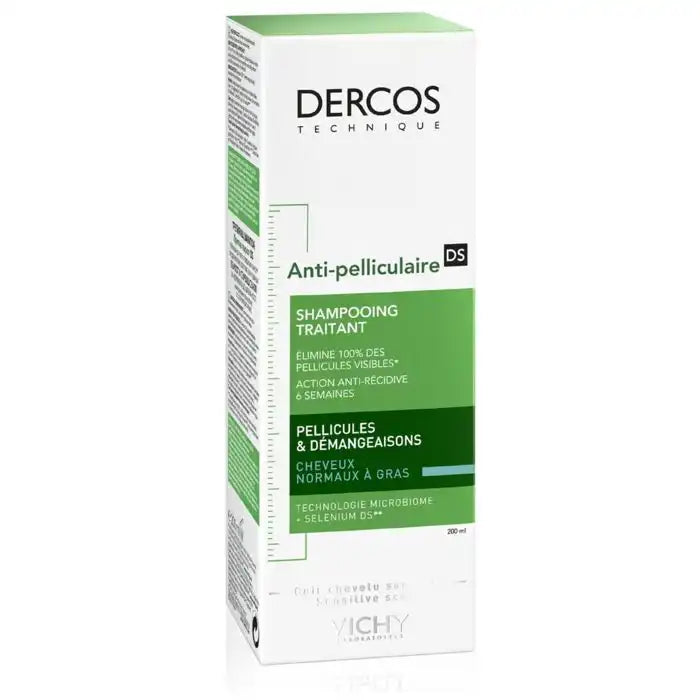 Vichy Dercos DS anti-dandruff shampoo for dry hair, 200ml bottle showing the product and label details.