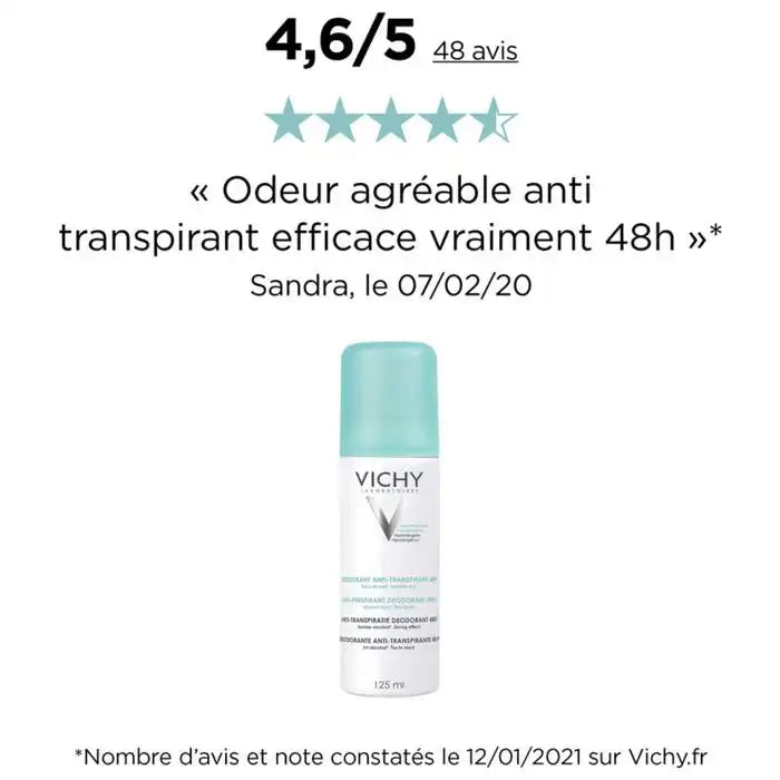 Vichy anti-transpirant aerosol deodorant 125ml, Celvess Cosmetic, 48-hour sweat protection, spray bottle with clear label and cap
