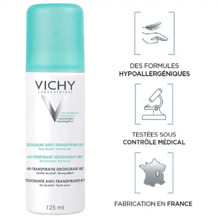 Vichy anti-transpirant aerosol deodorant spray 125ml, effective 48-hour sweat and odor protection, by Celvess Cosmetic.