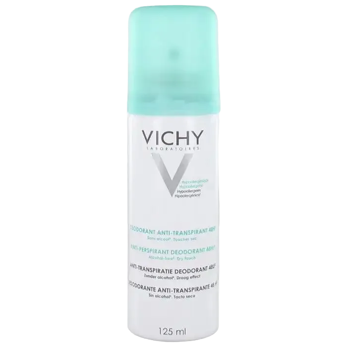 Vichy anti-transpirant aerosol deodorant 48h, 125ml spray bottle, designed for effective sweat and odor control.