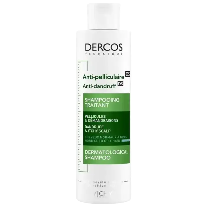 Vichy Dercos DS anti-dandruff shampoo for dry hair, 200ml bottle, with clinical scalp treatment for dandruff relief.