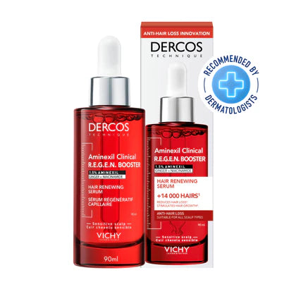 Vichy Dercos Aminexil Clinical Regen Booster Hair Serum in 90ml bottle, for scalp and hair revitalization.