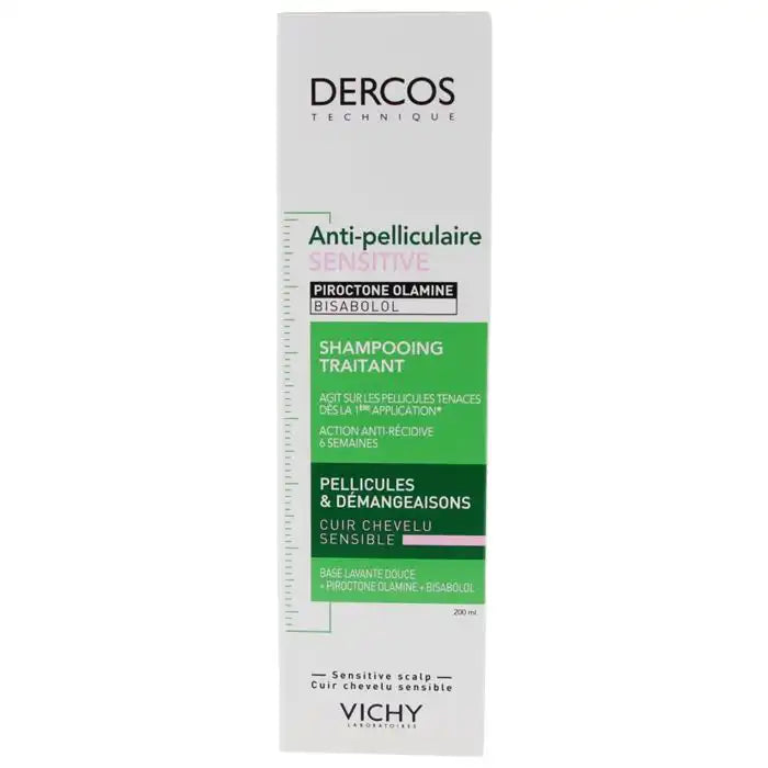 Vichy Dercos anti-dandruff shampoo for sensitive scalp, sulfate-free, in 200 ml bottle, by Celvess Cosmetic.