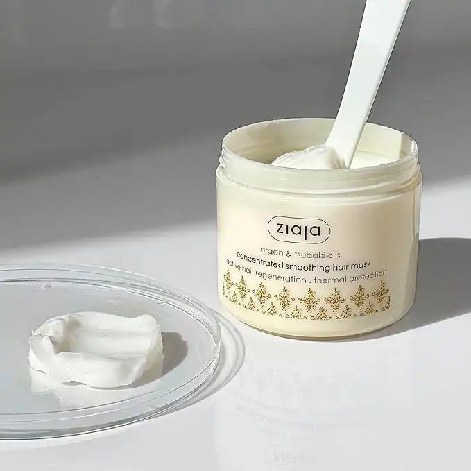 ZIAJA Argan and Tsubaki hair mask in 200ml jar, smoothing and heat protection for hair, by Celvess Cosmetic.