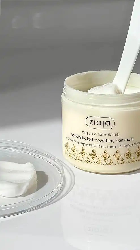 ZIAJA Argan and Tsubaki hair mask in 200ml jar, smoothing and heat protection treatment for damaged hair, by Celvess Cosmetic.
