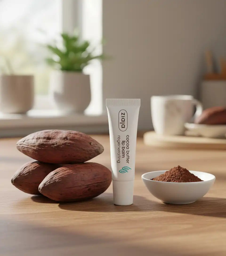 ZIAJA repair lip balm with cocoa butter in a tube, designed to moisturize and soothe dry, chapped lips naturally.