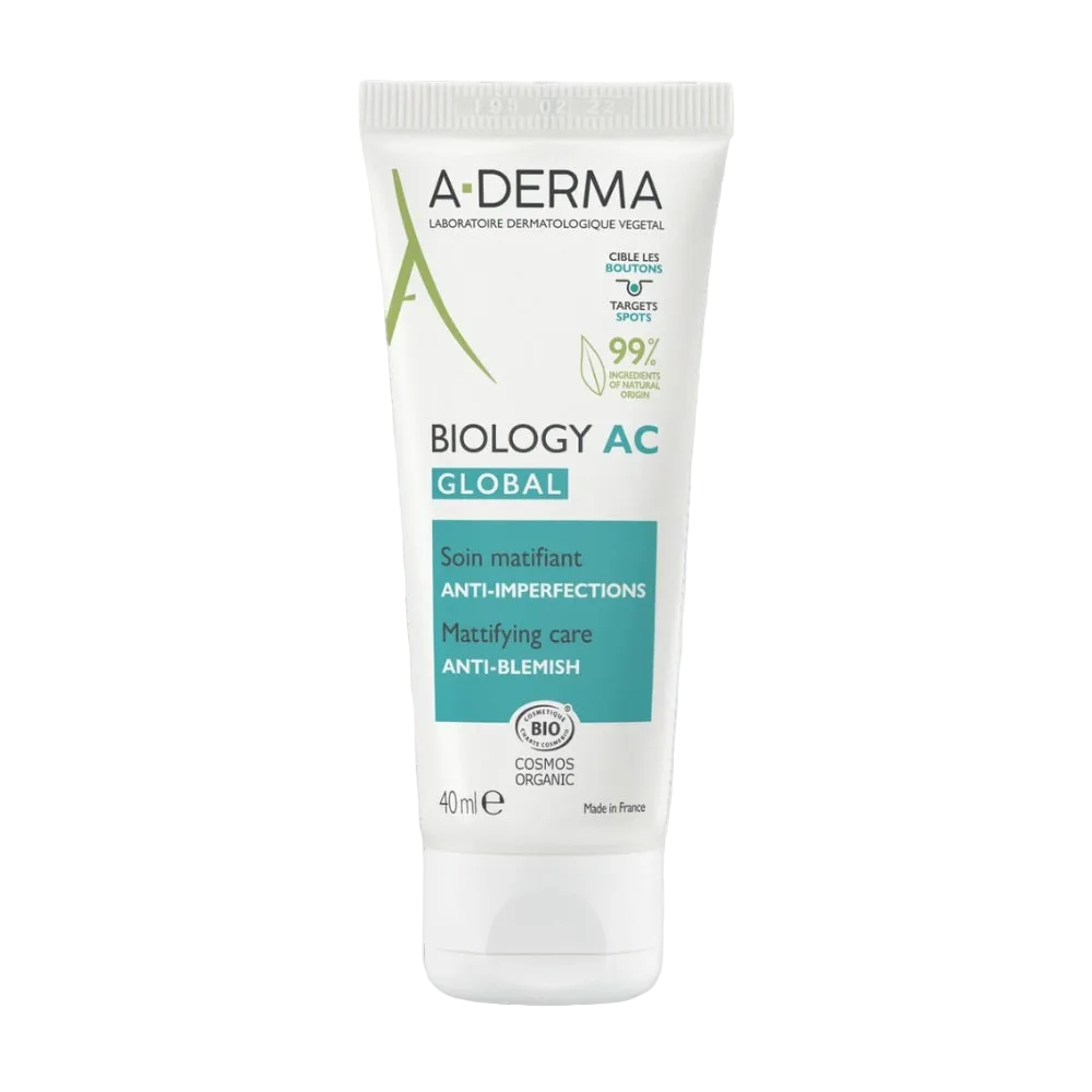 A-DERMA Biology-AC Global Soin Matifiant Anti-Imperfections cream in 40ml tube, designed for blemish-prone skin and oil control.