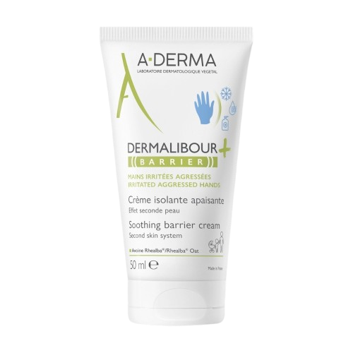 A-DERMA Dermalibour+ Barrier Crème Isolante Apaisante Mains in 50ml tube, soothing hand cream with protective barrier.