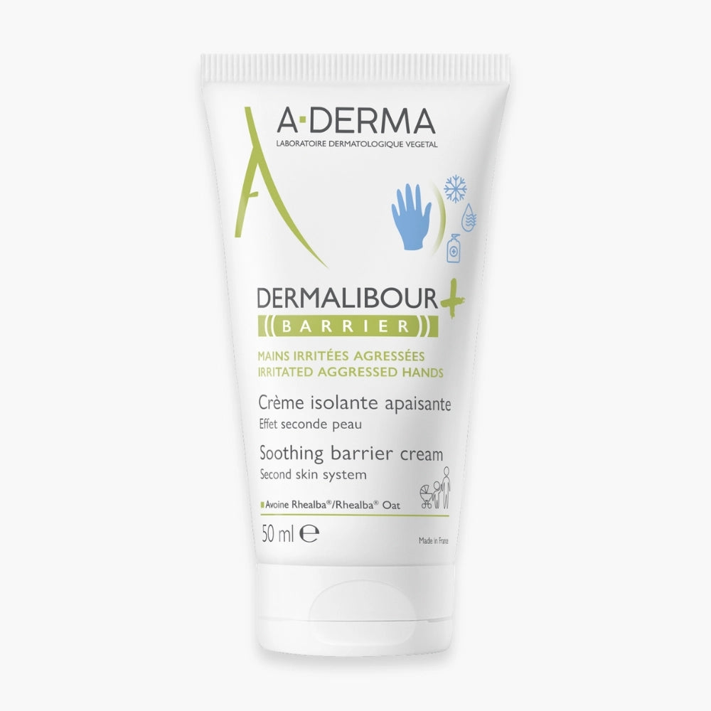 A-DERMA Dermalibour+ Barrier Crème Mains 50ml, soothing hand cream in a white tube with blue accents, designed for skin protection.