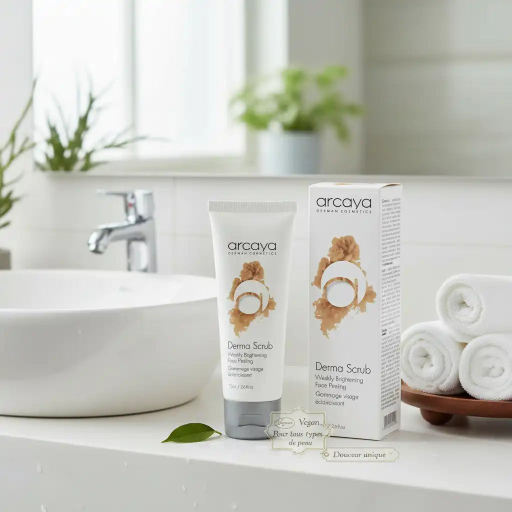 Celvess Cosmetic ARCAYA Derma Scrub Gommage Visage Eclaircissant 75ml exfoliant with creamy texture and gentle exfoliating particles.