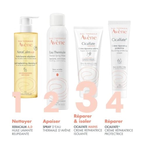 AVÈNE Cicalfate Mains Crème Réparatrice isolante for damaged hands, in 100ml tube, by Celvess Cosmetic, with soothing hand care ingredients.