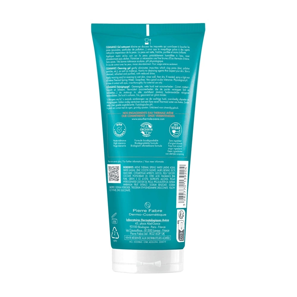 Avene Cleanance Gel Nettoyant face cleanser in a 200ml tube, with white and green packaging, for gentle skin cleansing.