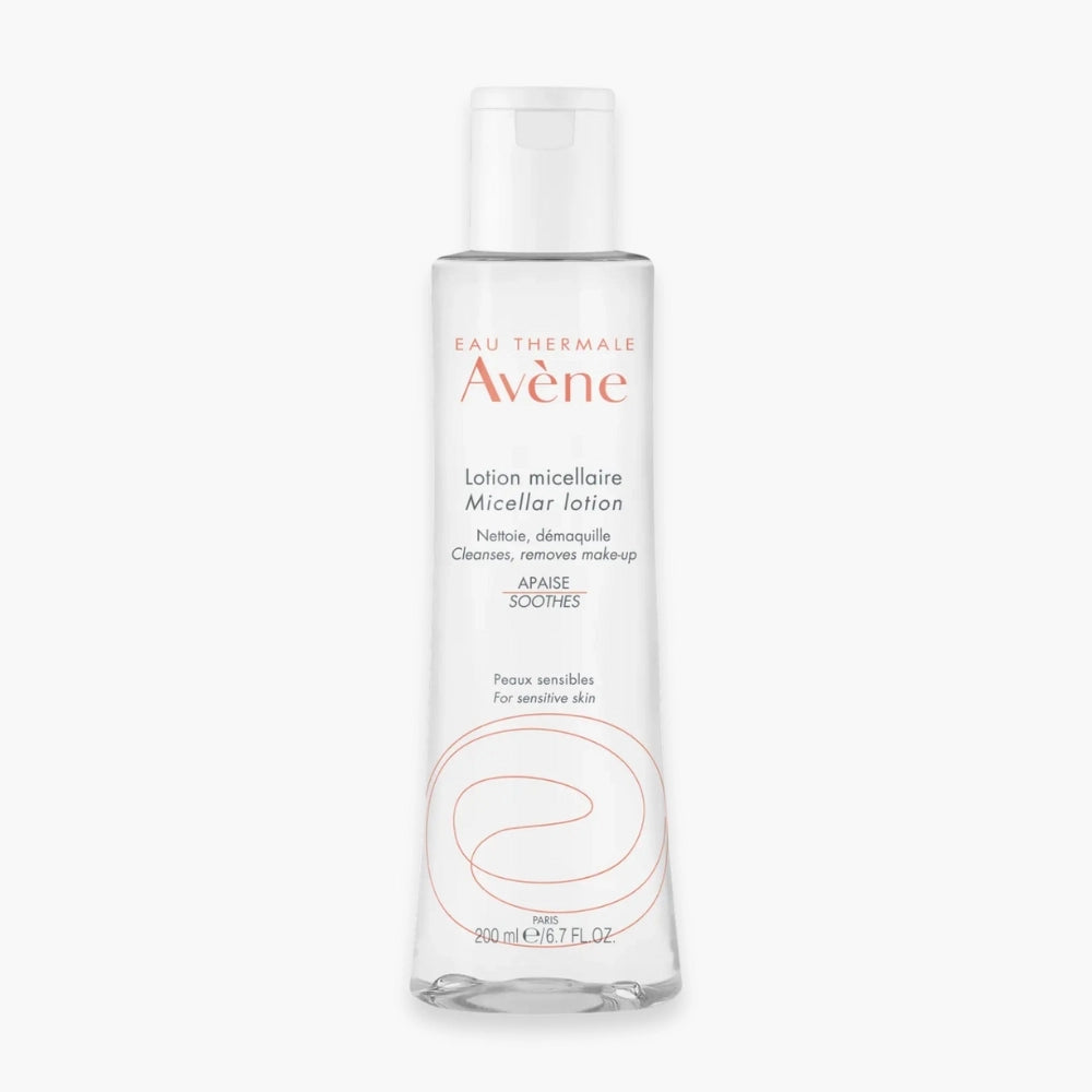 AVÈNE Micellar Lotion 200ml by Celvess Cosmetic, gentle makeup remover and facial cleanser in a clear bottle with a white cap.