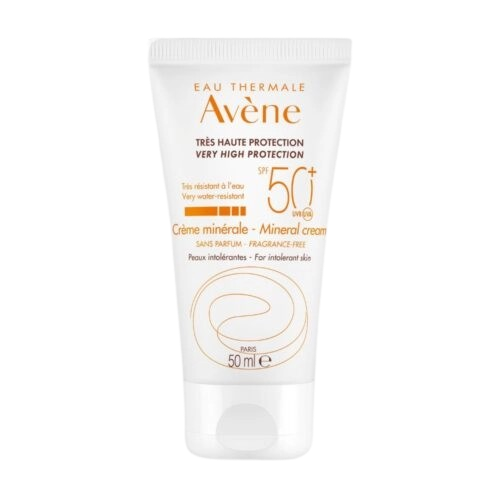 AVÈNE Solaire Crème Minérale SPF50+ facial sunscreen in 50ml tube, with mineral formula and broad-spectrum sun protection.