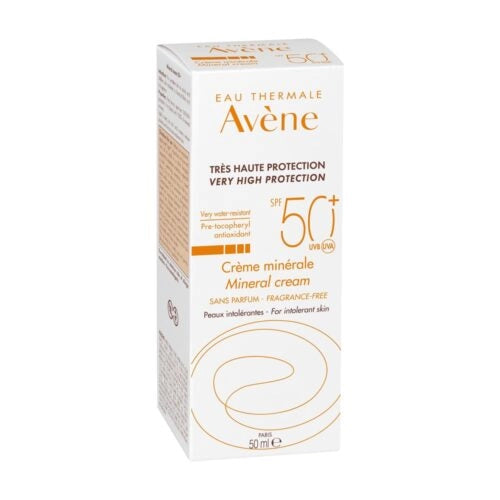 AVÈNE Solaire Crème Minérale SPF50+ facial sunblock in 50ml tube, mineral sunscreen for sensitive skin by Celvess Cosmetic