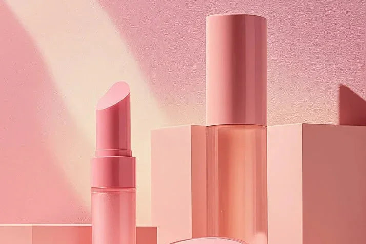 Maquillage rose, rouge à lèvres, flacon de soin et boîtes décoratives sur fond pastel.