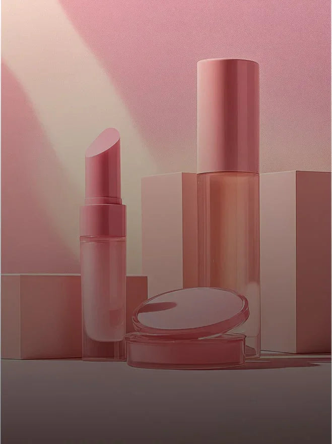 Produits de maquillage rose, baume à lèvres, flacon, poudrier sur fond rose élégant