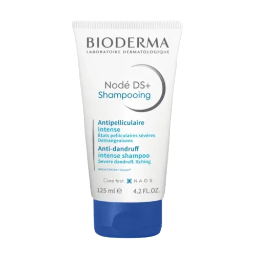 Bioderma Nodé Ds+ anti-dandruff shampoo bottle with label, 125ml size, designed for intense scalp care and dandruff reduction.