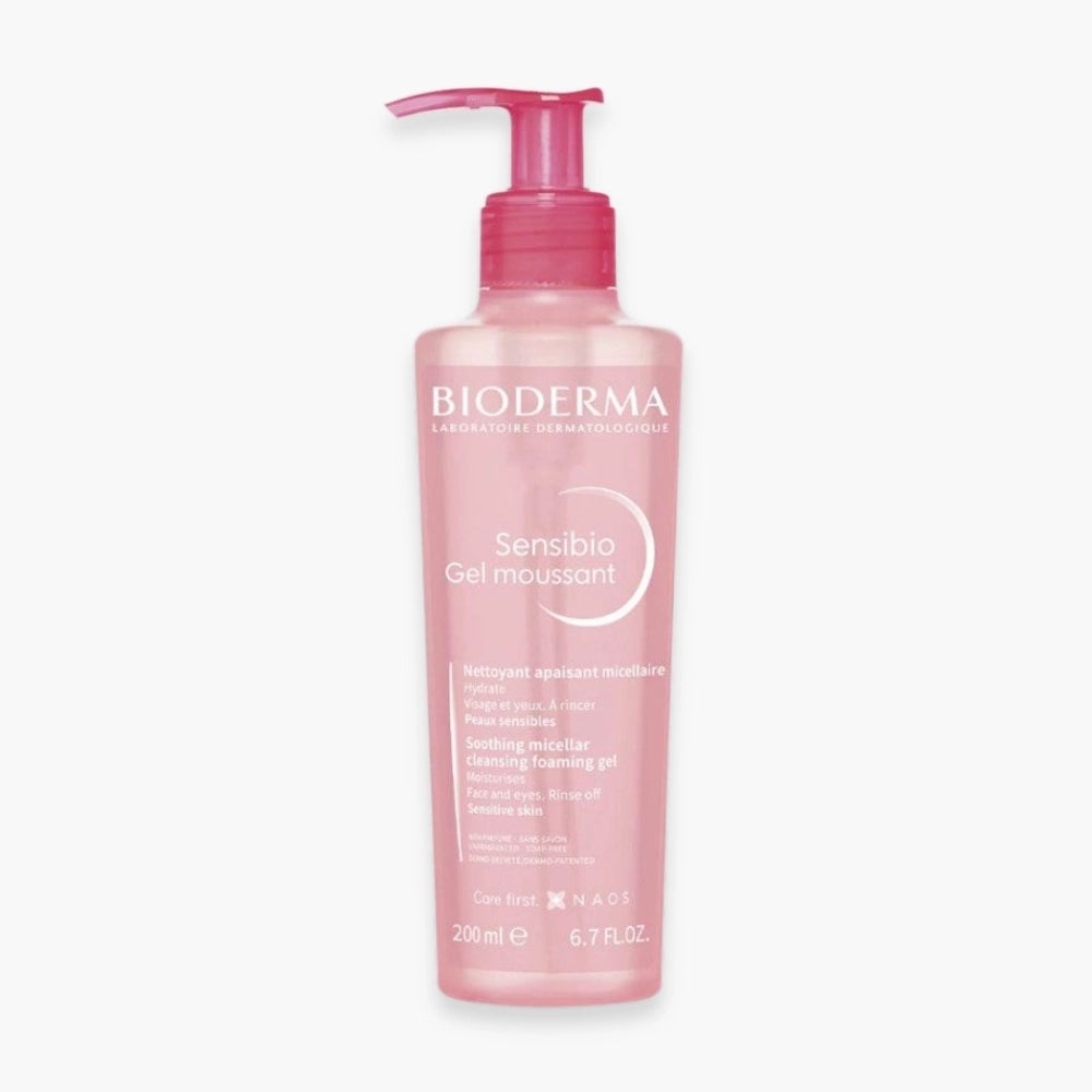 Bioderma Sensibio Gel Moussant cleansing gel for sensitive skin, 200ml, in a clear bottle with a white pump dispenser.