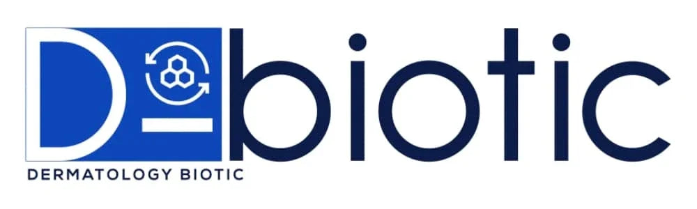 Logo D-biotic dermatologie, lettrage bleu, soins de la peau et hydratation