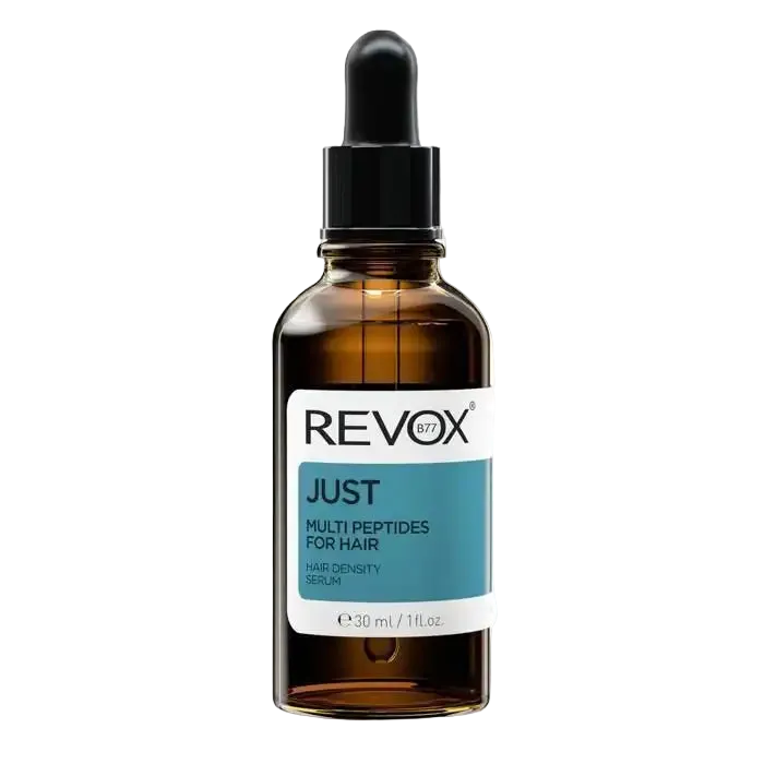 Celvess Cosmetic REVOX B77 Just Multi Peptides Hair Serum for thicker, denser hair, 30ml bottle with dropper applicator.
