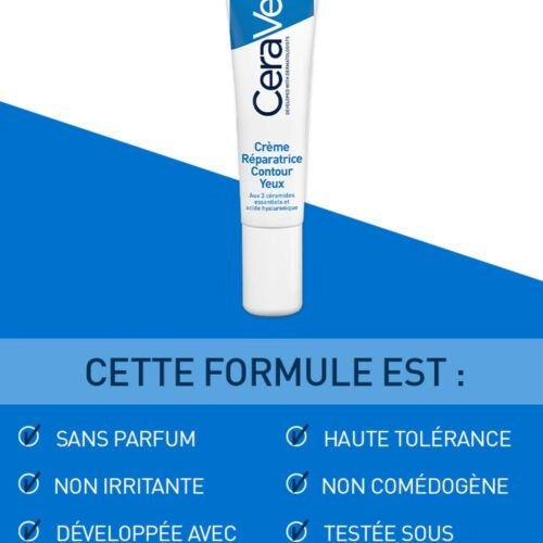 Cerave Crème Réparatrice Contour des Yeux 14ml, eye repair cream in a white jar with blue and orange design, close-up.