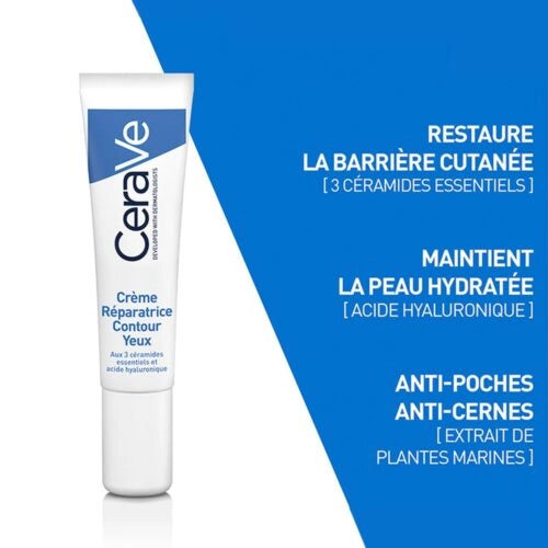 CeraVe Repairing Eye Contour Cream in 14ml tube, soothing eye care product with a white and blue packaging design.