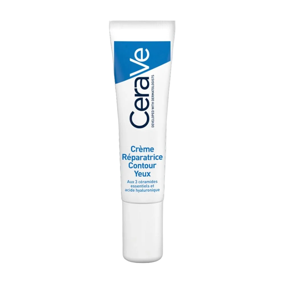 Cerave Crème Réparatrice Contour des Yeux, 14ml, soothing eye care cream in a small jar with a white and blue label.