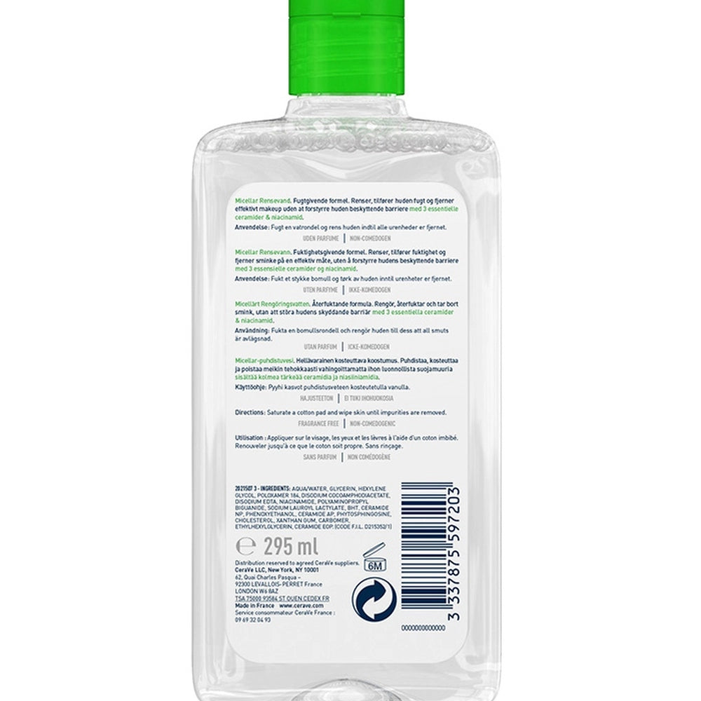 Cerave Eau Micellaire 295ml bottle, gentle makeup remover and skincare cleanser from Celvess Cosmetic, with soft, clear liquid inside