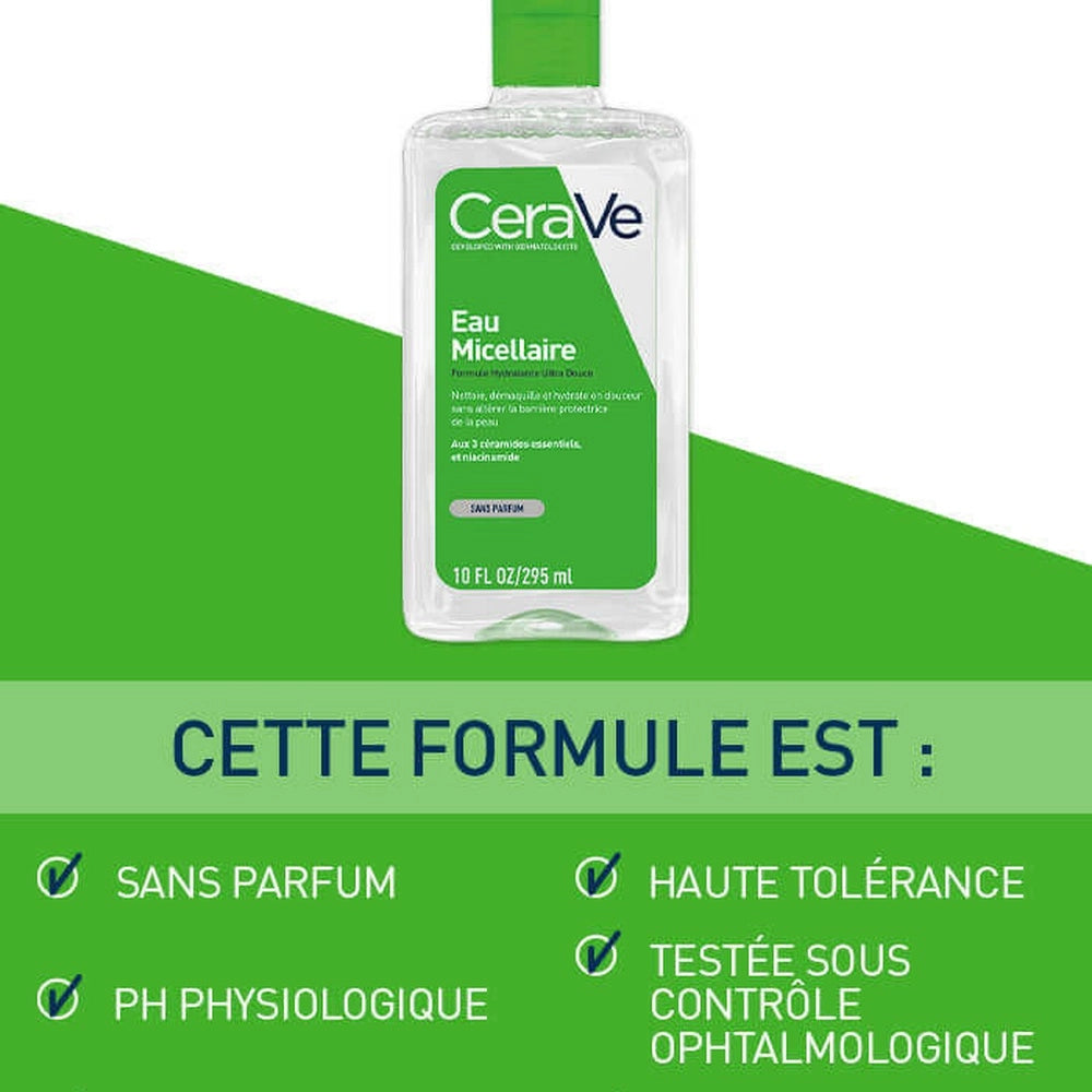 CeraVe Eau Micellaire 295ml bottle with a clear liquid, gentle makeup remover and facial cleanser from Celvess Cosmetic.