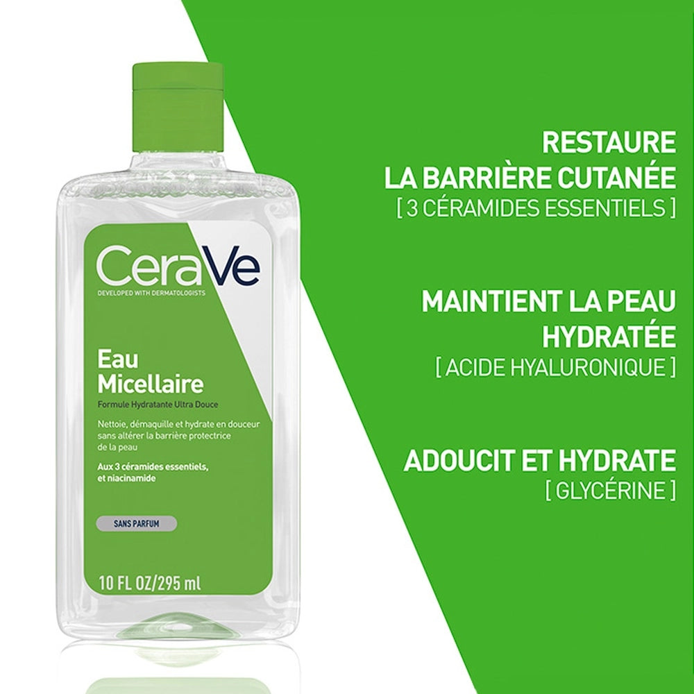 CeraVe Eau Micellaire 295ml bottle, gentle makeup remover and facial cleanser from Celvess Cosmetic, with a clear liquid inside.