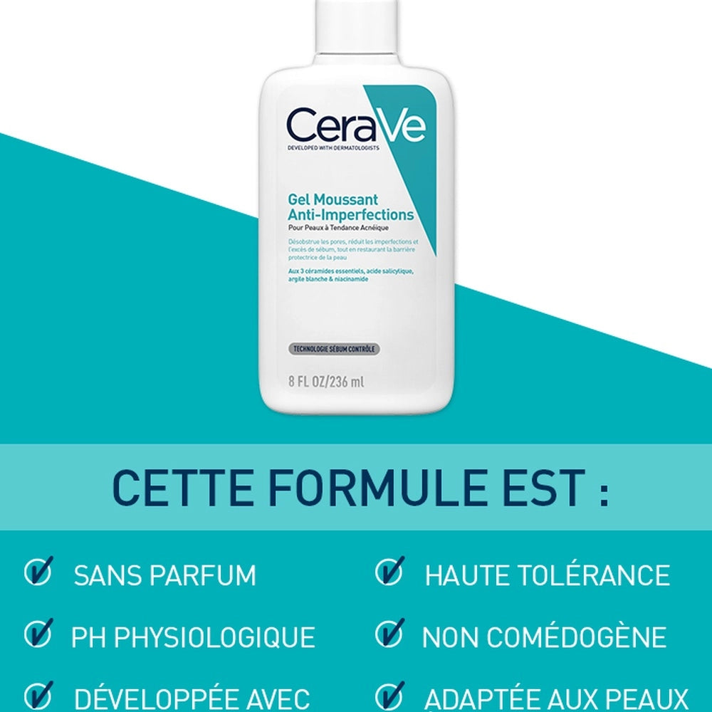 Cerave Gel Moussant Nettoyant Anti-Imperfections for acne-prone skin, 236ml, in a clear pump bottle.