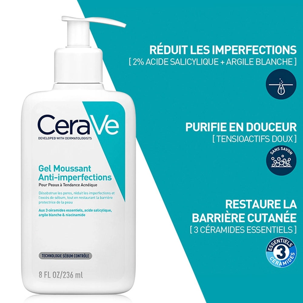 Celvess Cosmetic CERAVE anti-imperfections facial cleansing gel in a 236ml bottle, gentle foaming cleanser for acne-prone skin.