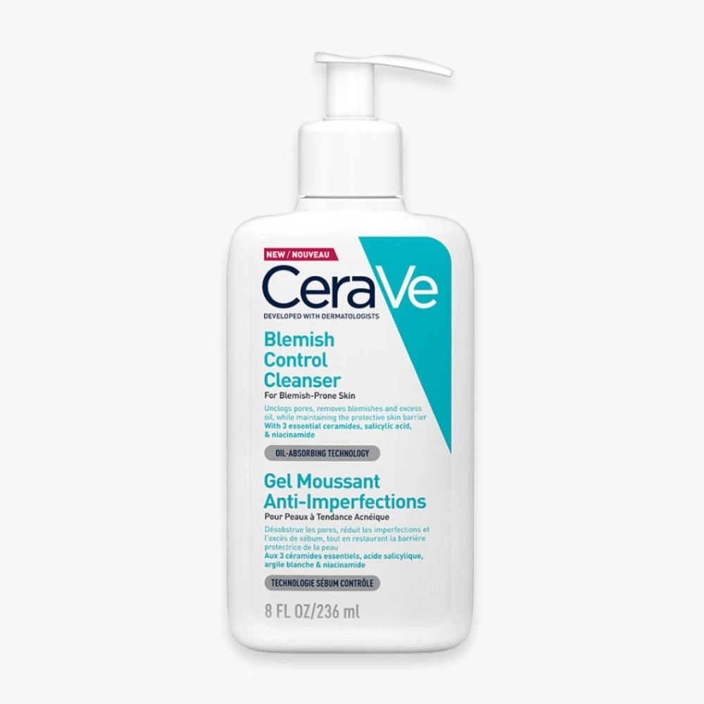 Cerave Gel Moussant Nettoyant Anti-Imperfections for Acne-Prone Skin, 236ml, visible foaming facial cleanser in a clear bottle.