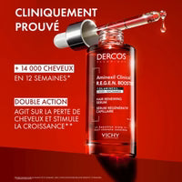 Vichy Dercos Aminexil Clinical Regen Booster Serum Capillaire bottle with clinical results on a white background.
