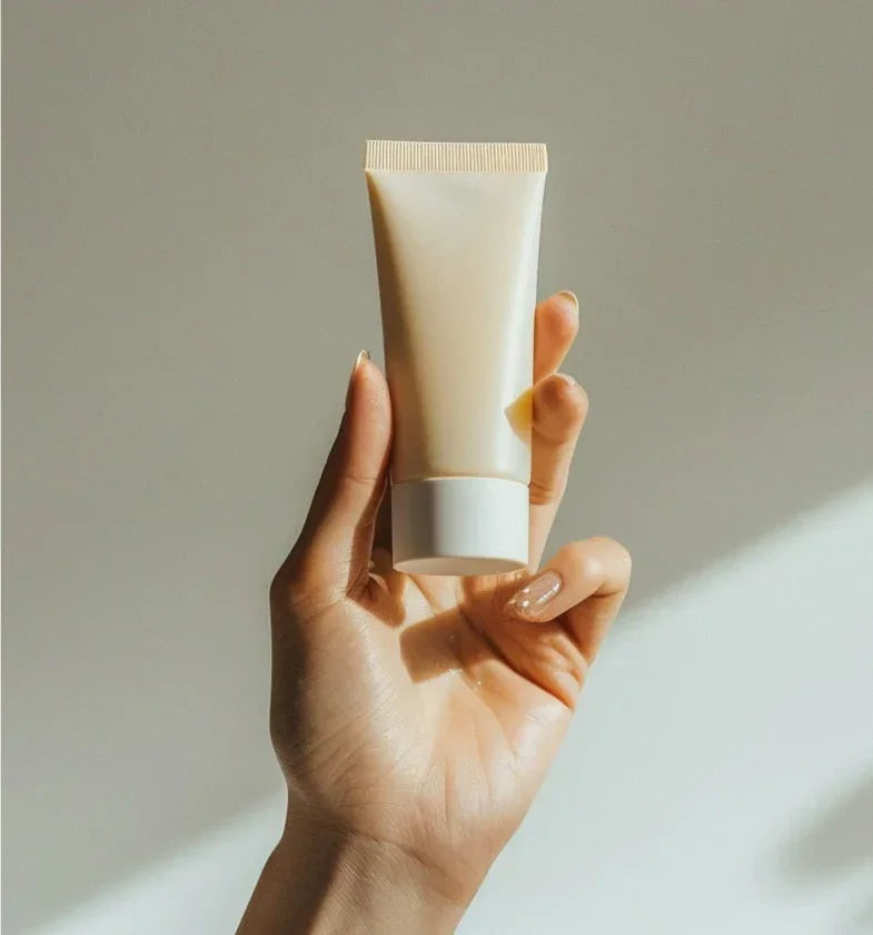 Main tenant un tube de crème mains hydratante sur fond neutre, soin peau sèche