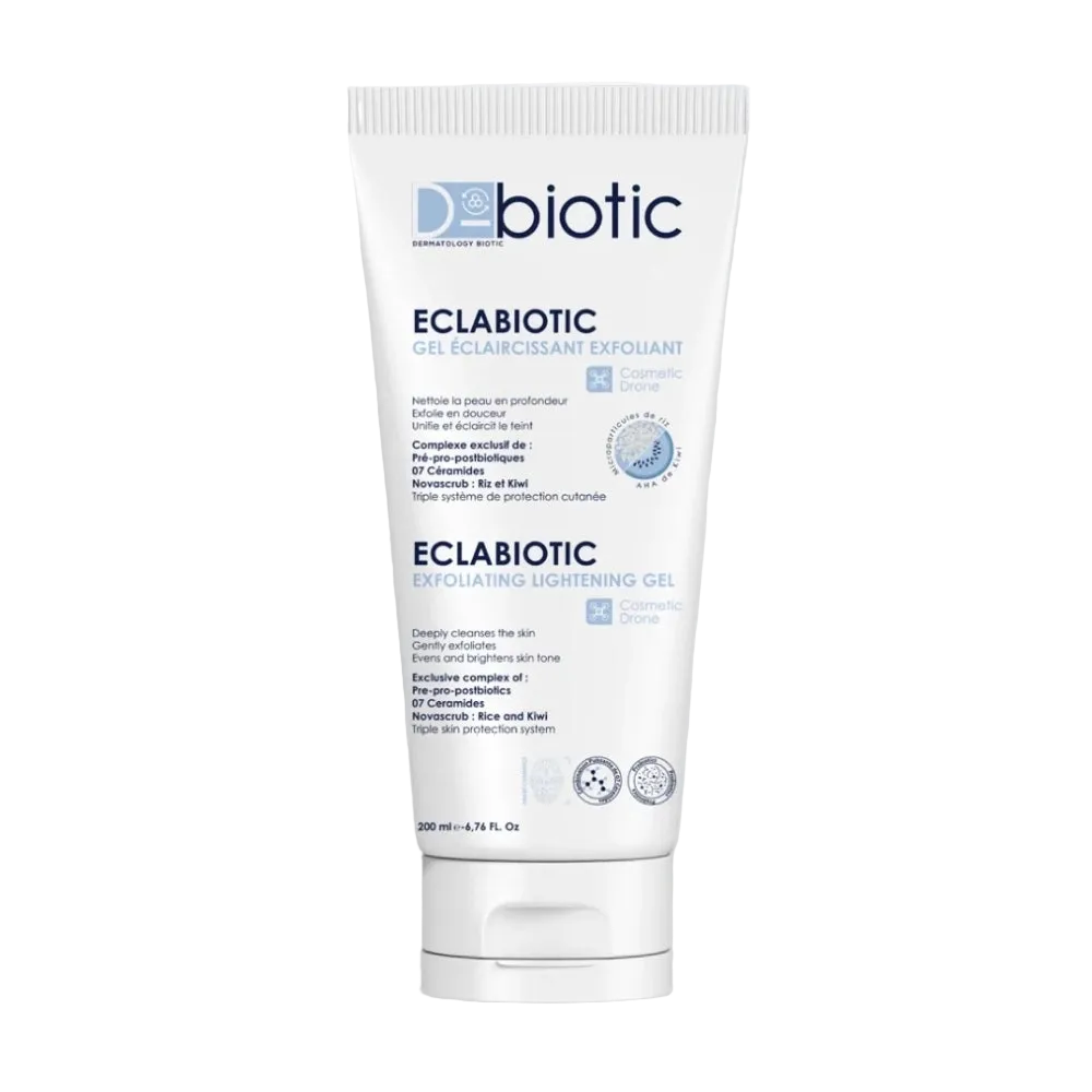 Celvess Cosmetic D-BIOTIC Eclabiotic Gel Éclaircissant Exfoliant in a 200ml tube, showing its smooth gel texture and packaging.
