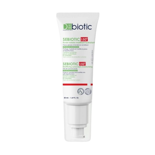 Celvess Cosmetic D-BIOTIC Sebiotic matte hydrating facial sunscreen SPF50+ in 50ml tube, visible with smooth, matte finish.