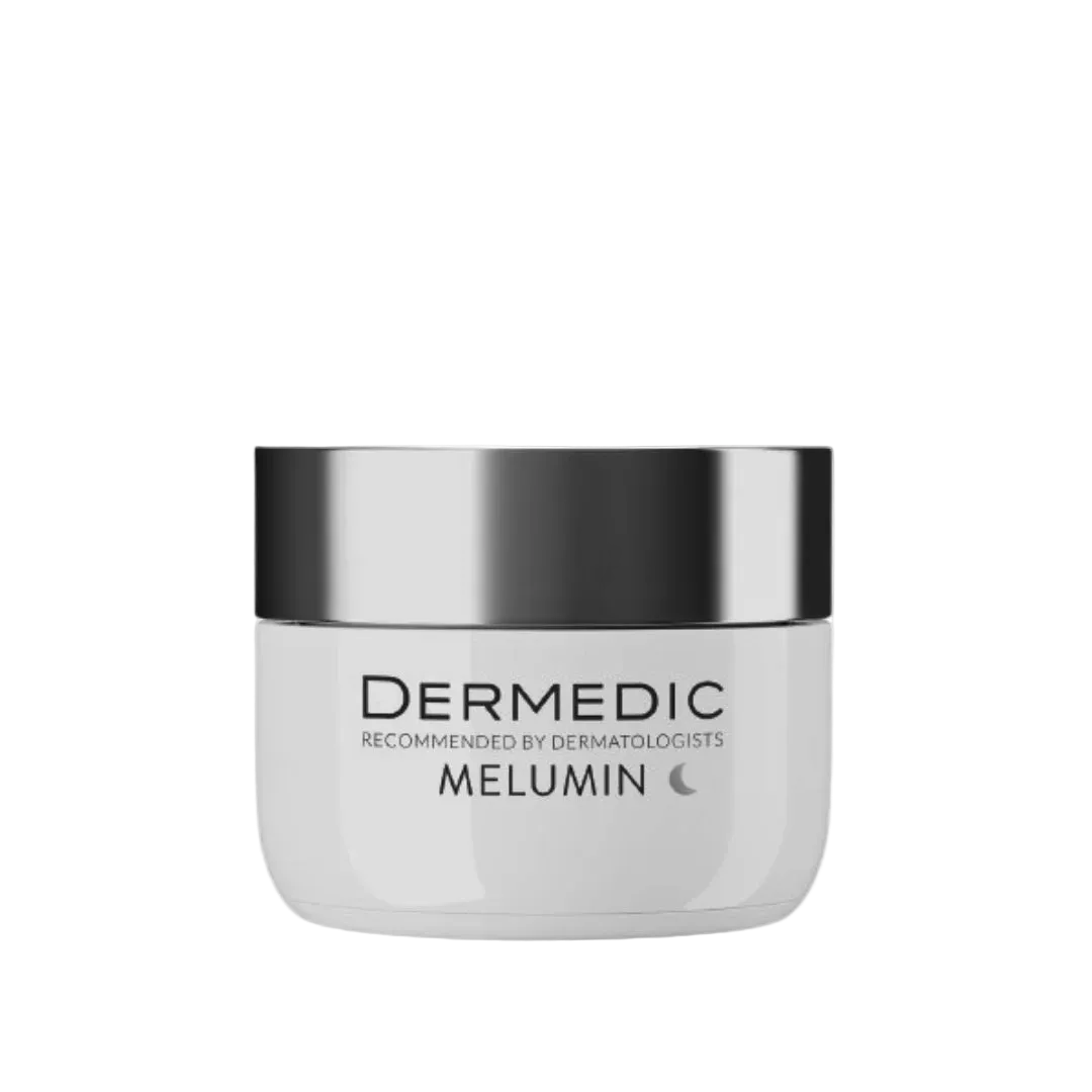 Dermoedic Melumin Nuit Cream in 50ml jar, a nighttime skincare product by Celvess Cosmetic for brightening and skin renewal.
