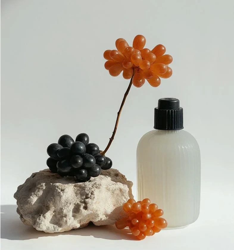 Flacon de soin cosmétique avec savons en forme de grappes de raisin sur fond minimaliste