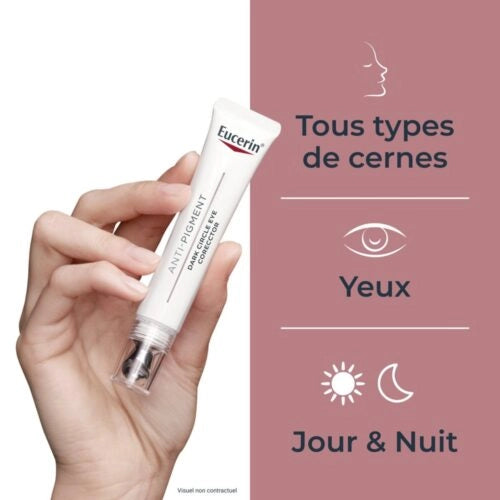Eucerin Anti-Pigment Eye Contour Cream by Celvess Cosmetic, illuminating 15ml jar with applicator for dark circles and brightening.