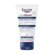 Eucerin UreaRepair hand cream for dry skin, 75ml jar with white and blue packaging, emphasizing moisturizing and skin repair.