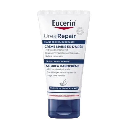 Eucerin UreaRepair hand cream for dry skin, 75ml jar with white and blue packaging, emphasizing moisturizing and skin repair.