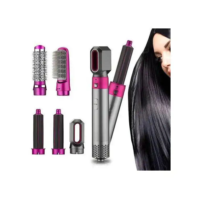 Electric 5-in-1 curling iron and blow-drying brush by Celvess Cosmetic for styling and hair drying.